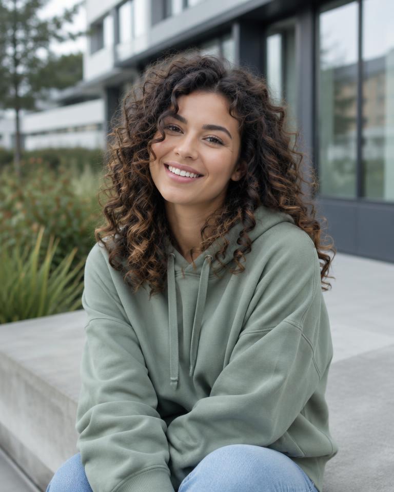 Smiling woman in a sage hoodie