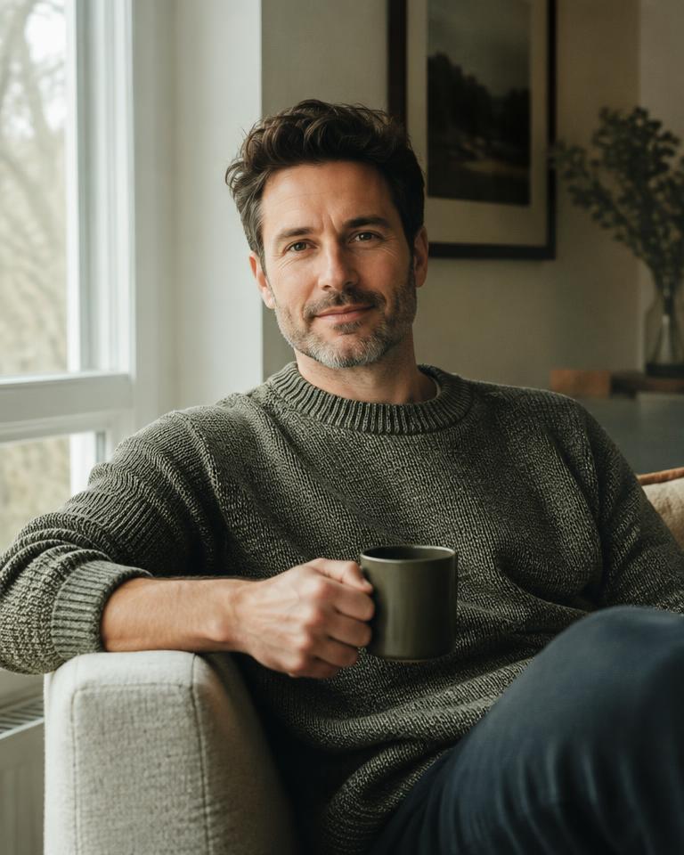 Man relaxing at home with coffee