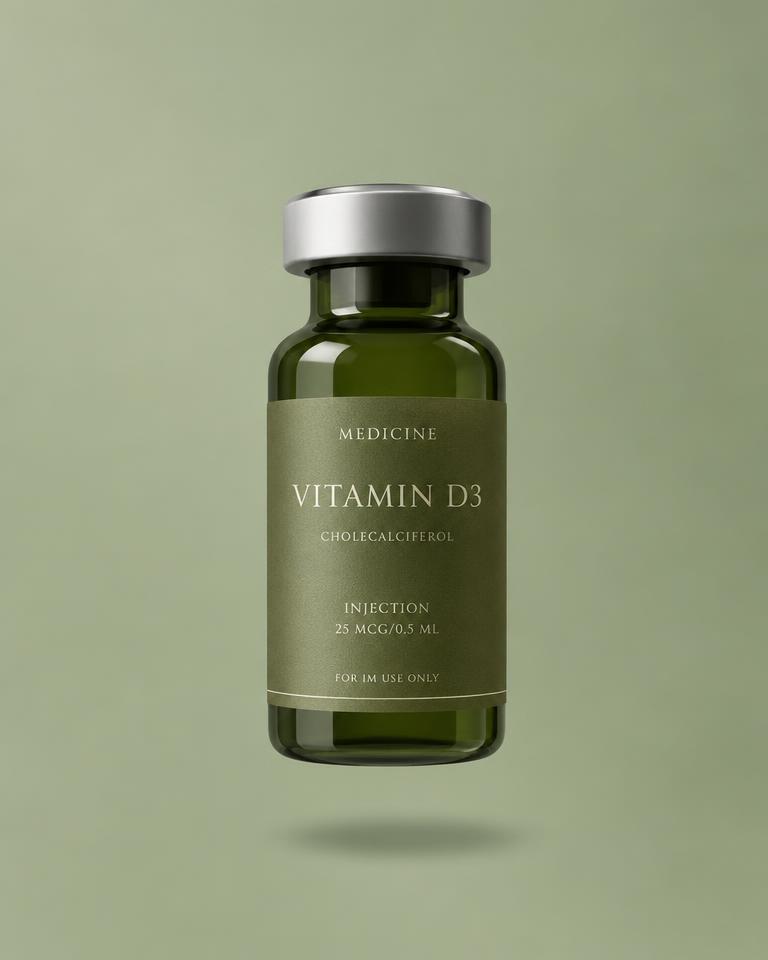 Olive green medication vial on a sage background
